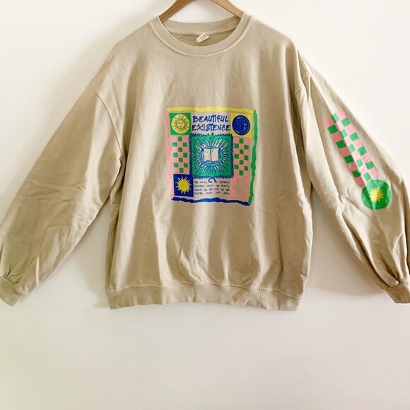 UO Urban Outfitters S M Unisex Beautiful Existence Crewneck Tan Sweatshirt Flaw - Picture 3 of 9